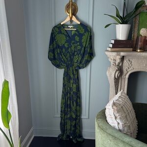 Navy and Olive Floral Maxi Dress - Elegant V-Neck Gathered Waist